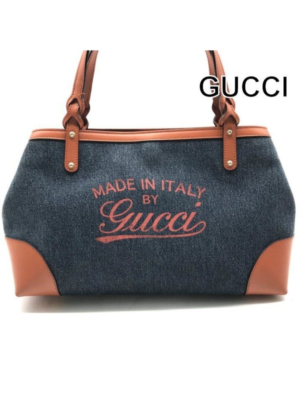 Gucci Denim Logo Craft Hand Tote Bag Orange